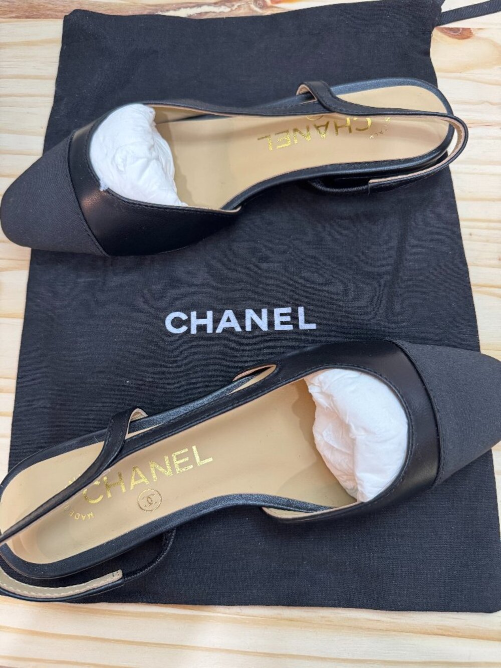 Size 36 NEW CHANEL Goatskin Grosgrain Cap Toe CC Slingback Flat